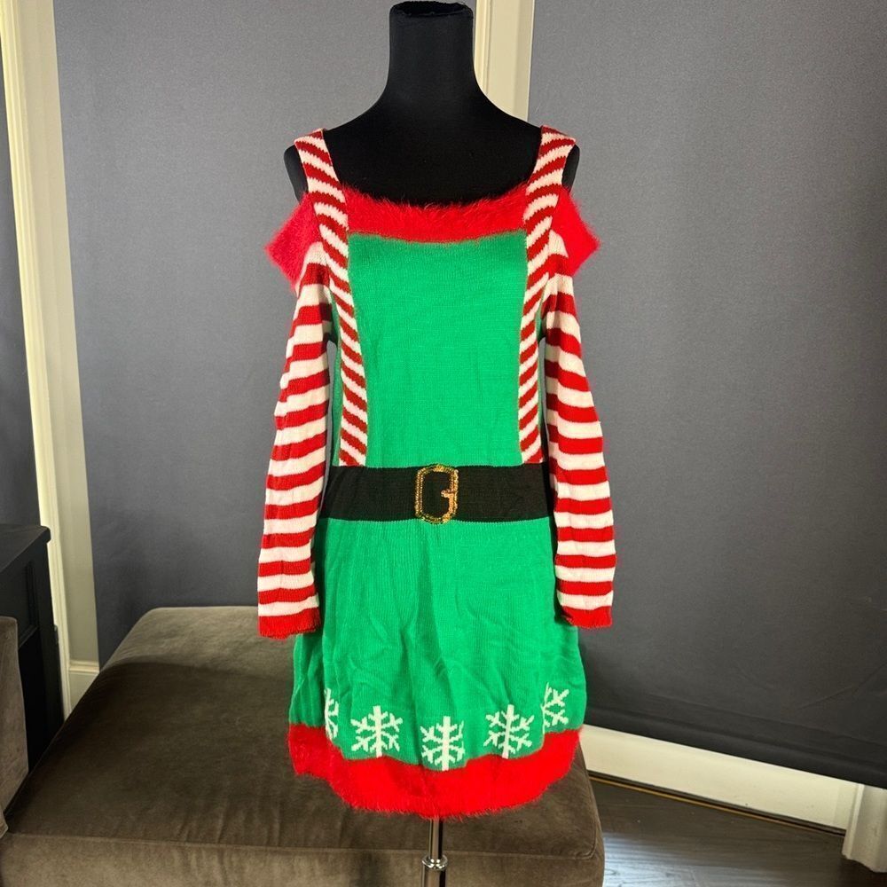 Women’s Spadehill Christmas Festive Elf Costume Sweater Dress Green Red Size S